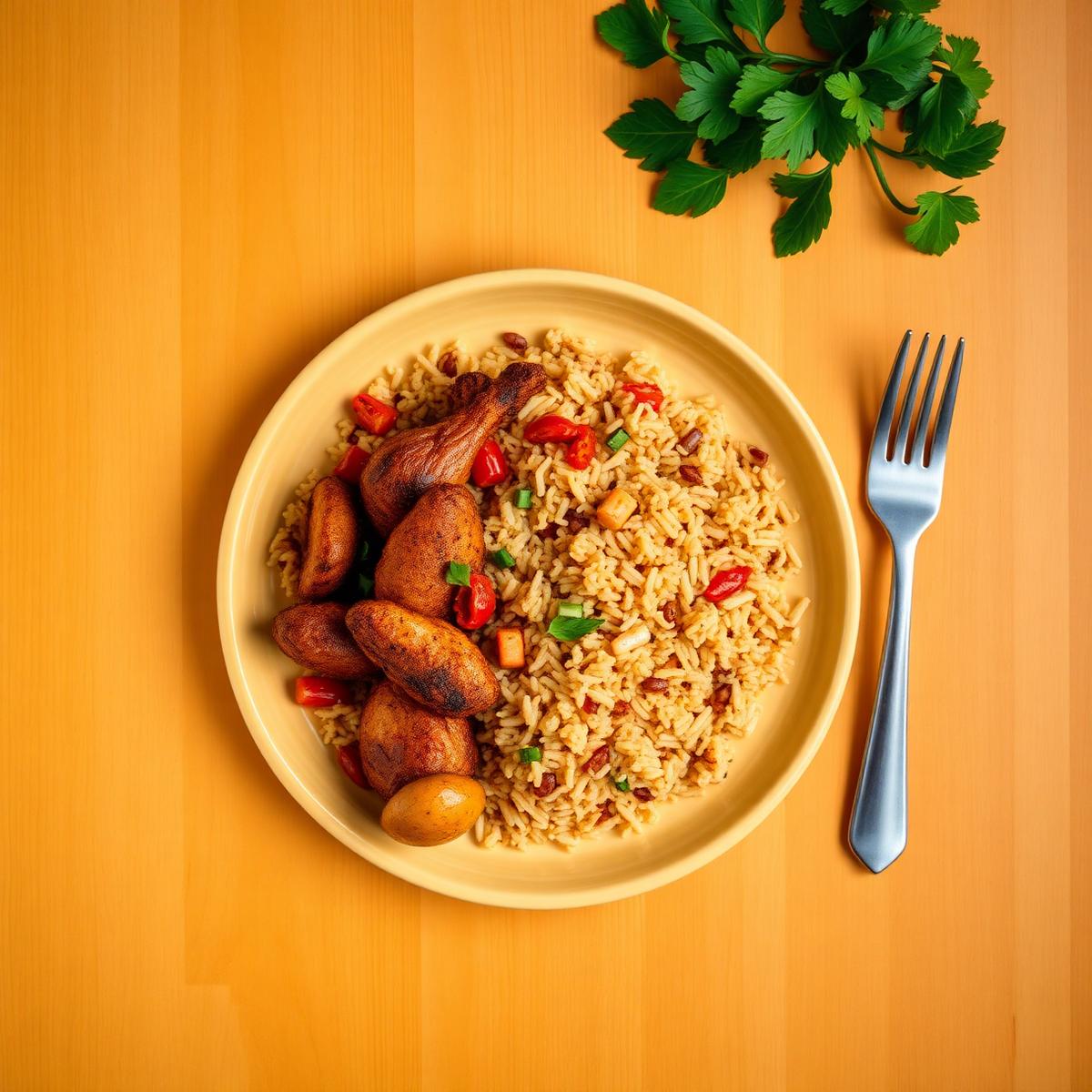 Jollof rice with chicken and plantain