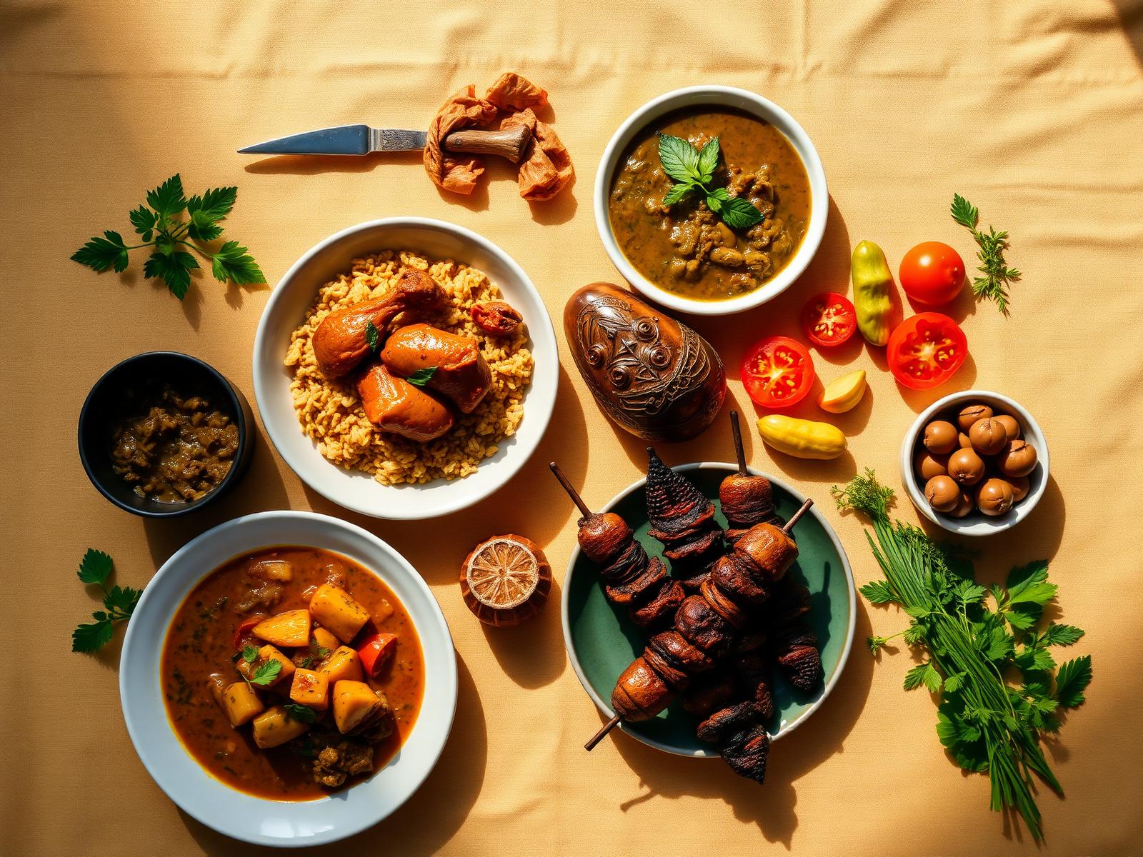 Overhead spread of Nigerian dishes